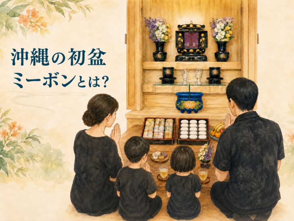 沖縄の初盆「ミーボン」で仏壇に手を合わせる家族